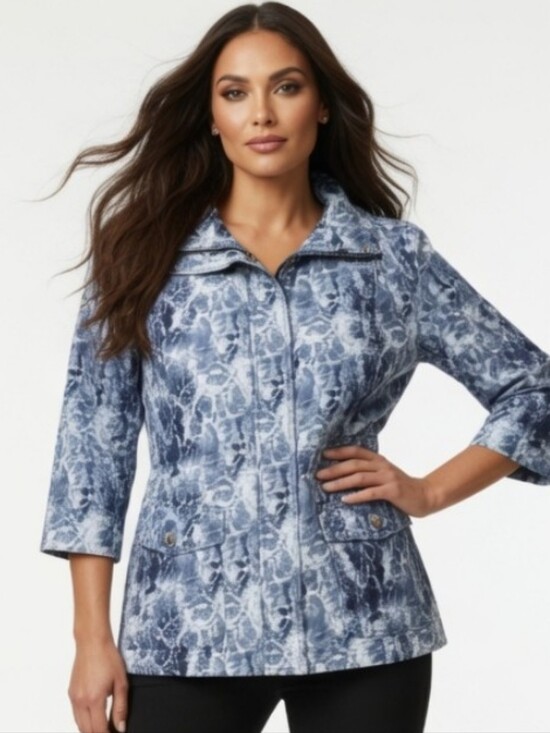 Style & Co. Jackets & Blazers - Style & Co. Blue Marble-Print Zip Petite Jacket W Hooded Collar (Size:PLarge)